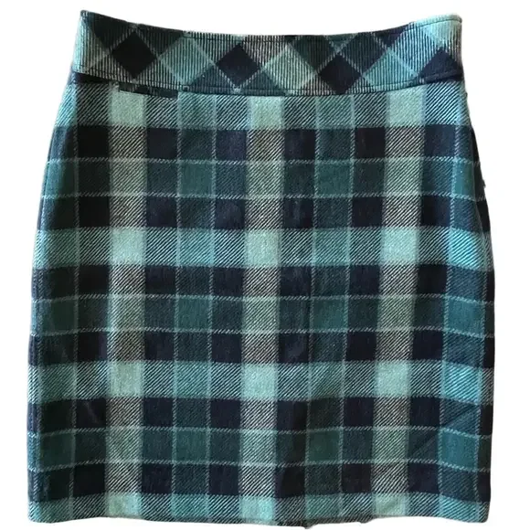 LL Bean Wool Plaid Midi Skirt Teal Navy Size 12 - Picture 2 of 10